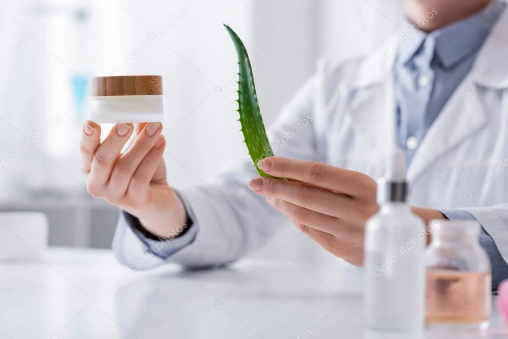 Becker cosmetici e siero su banco di laboratorio
